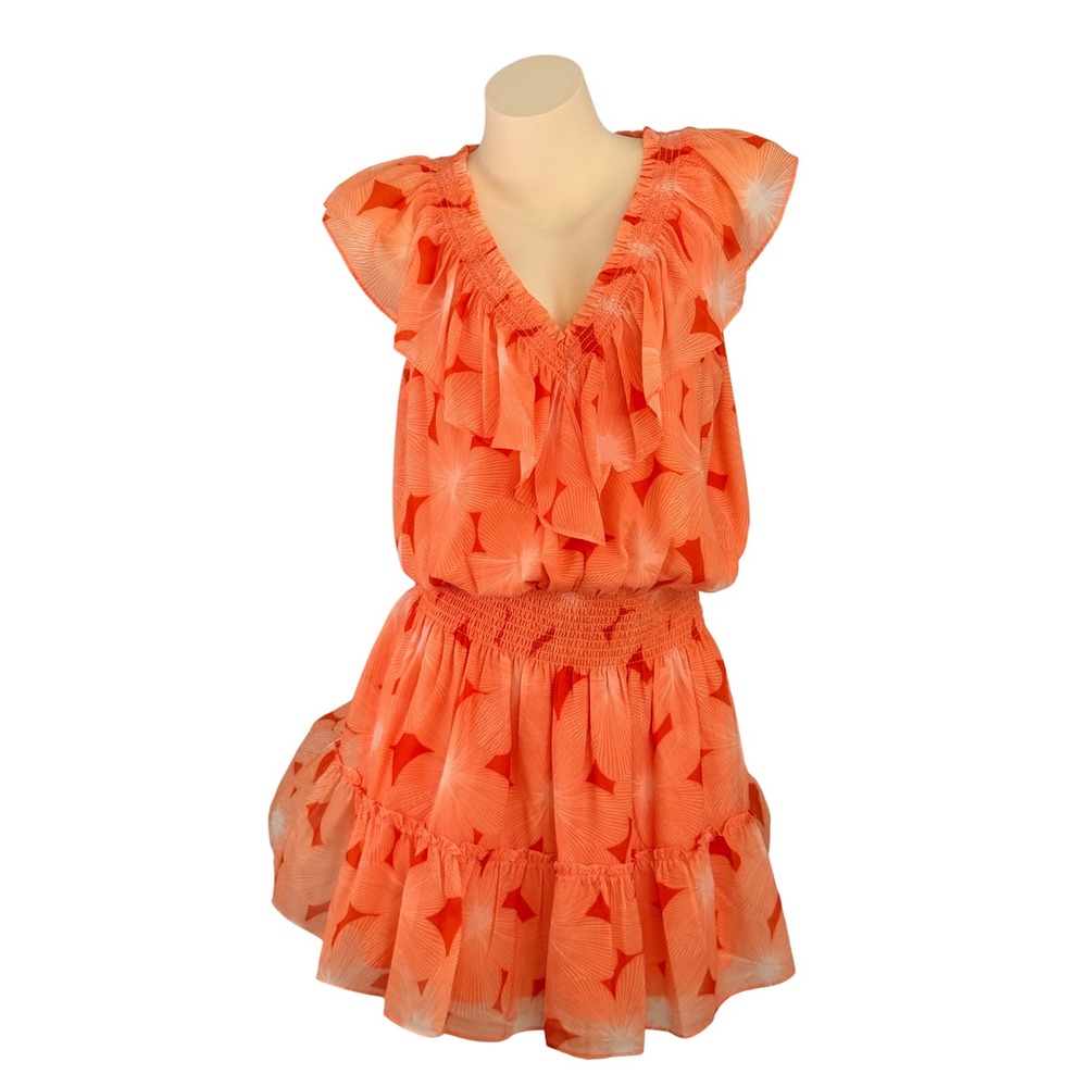 Ramy Brook Tropical Boho Orange Ruffle Smocked Mini Dress Large